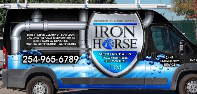 Iron Horse Mechanical & Plumbing Services van listing drain cleaning, slab leak repair, gas lines, sewer camera inspection, and tankless water heater services with phone number 254-965-6789
